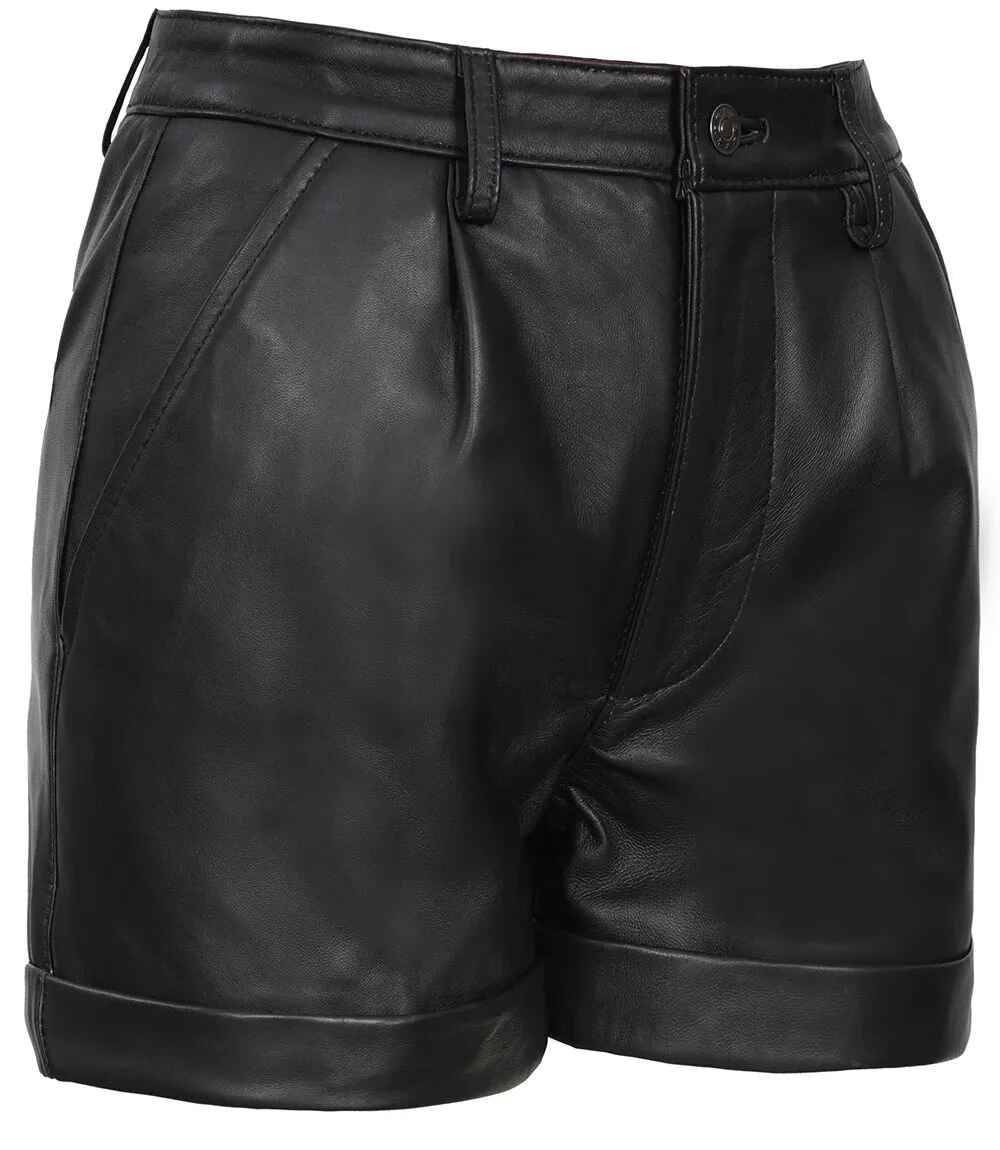 Women's Black Regular Fit Style Leather Shorts