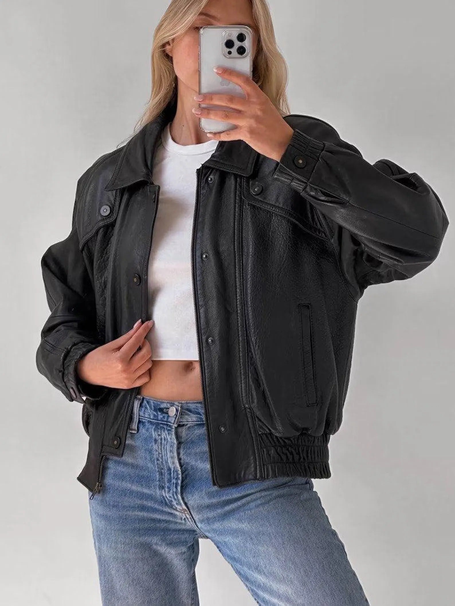 Women's Black Ribbed Cuffs And Hem Oversized Leather Jacket