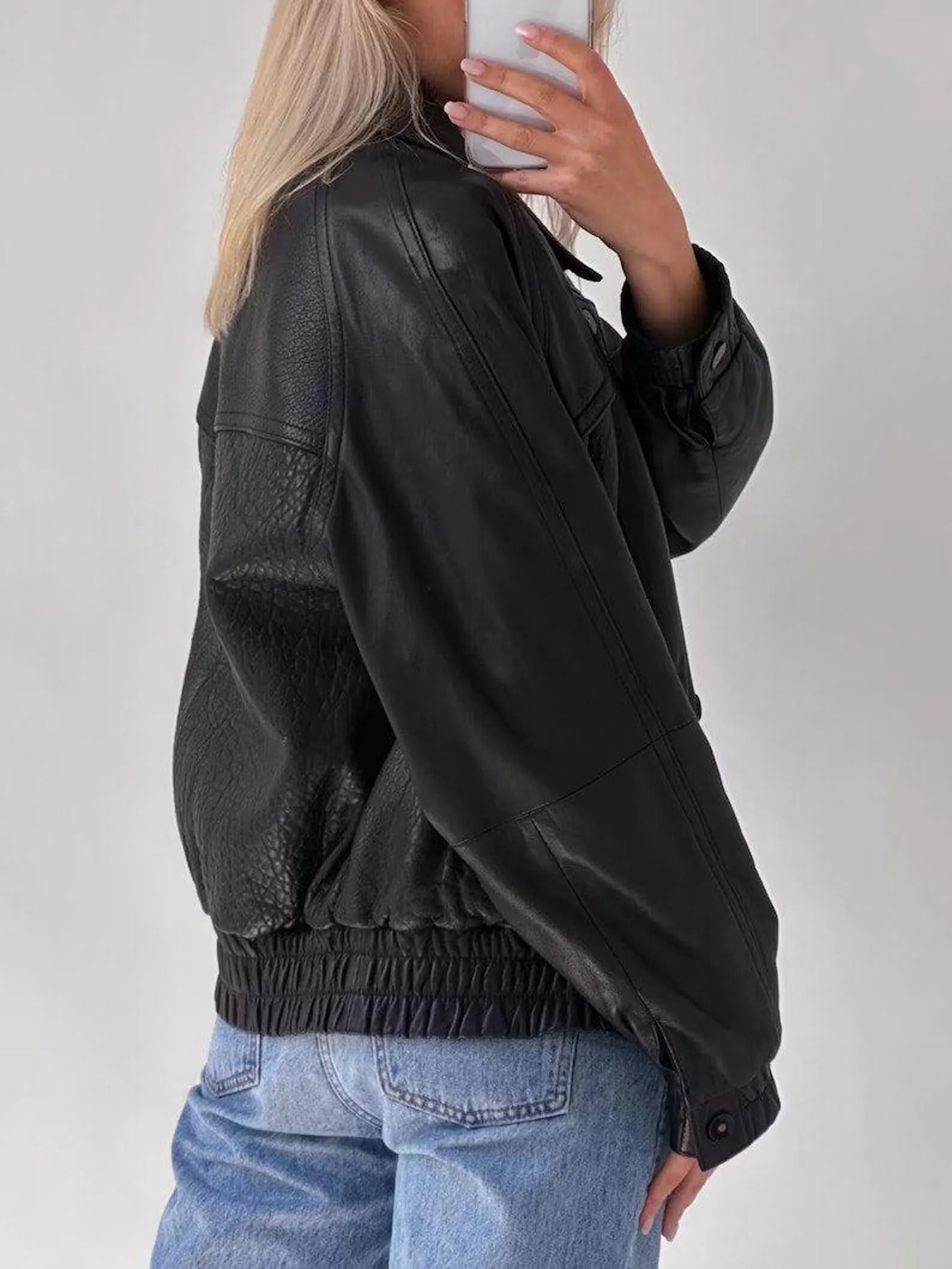 Women's Black Ribbed Cuffs And Hem Oversized Leather Jacket