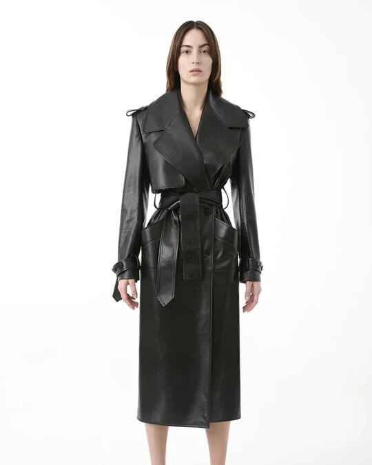 Women's Black Sheepskin Leather Fitted Trench Coat