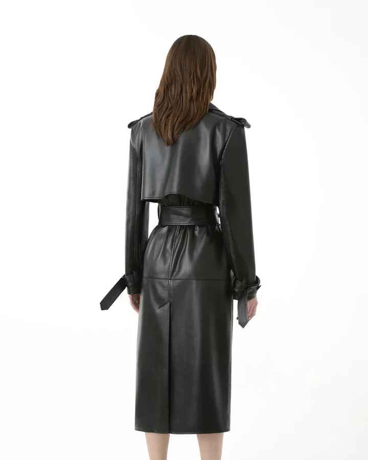 Women's Black Sheepskin Leather Fitted Trench Coat