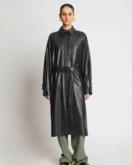 Women's Black Sheepskin Leather Plain Trench Coat