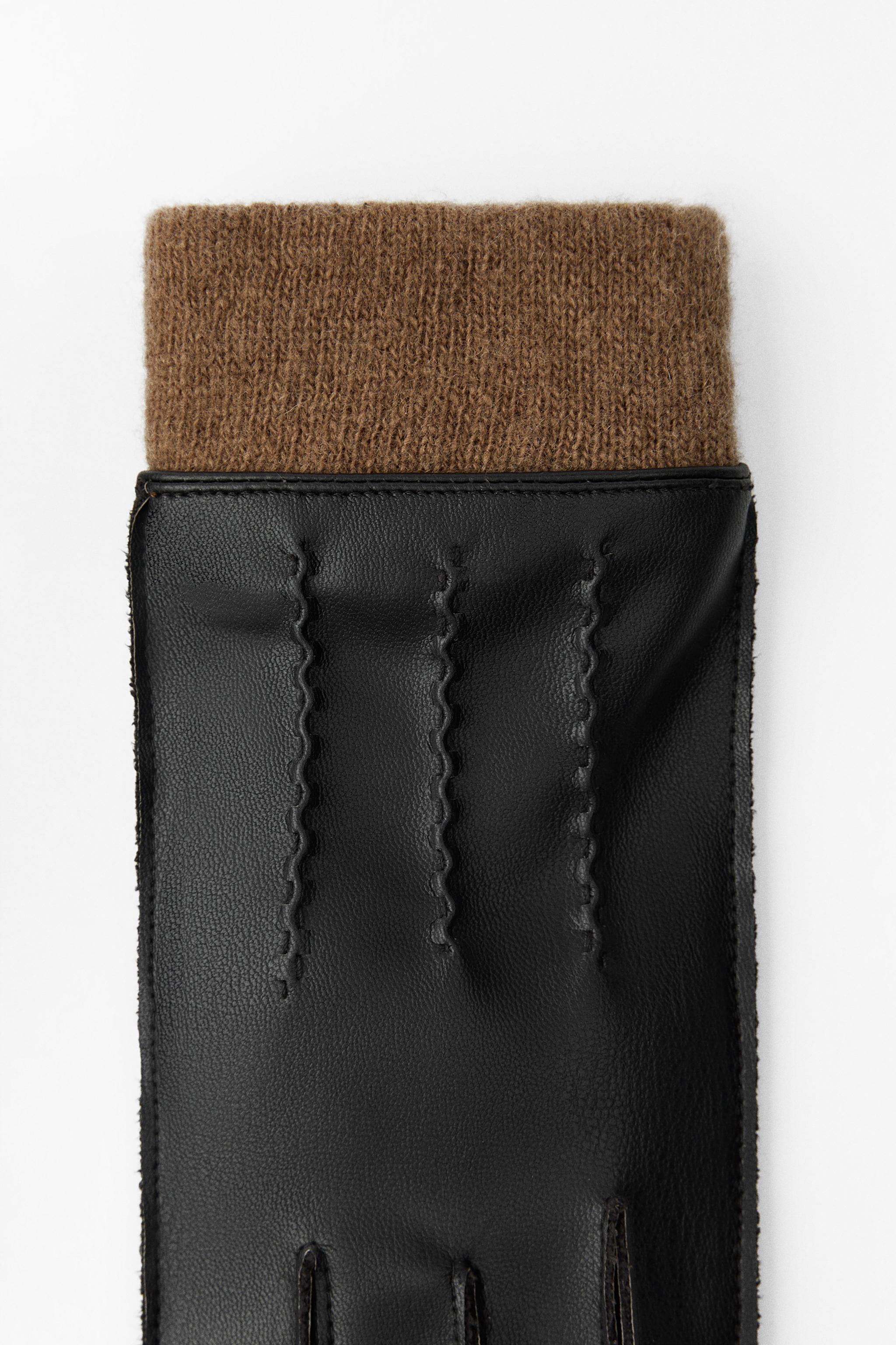 Women's Black Short Gloves Wool Blend and Leather Effect