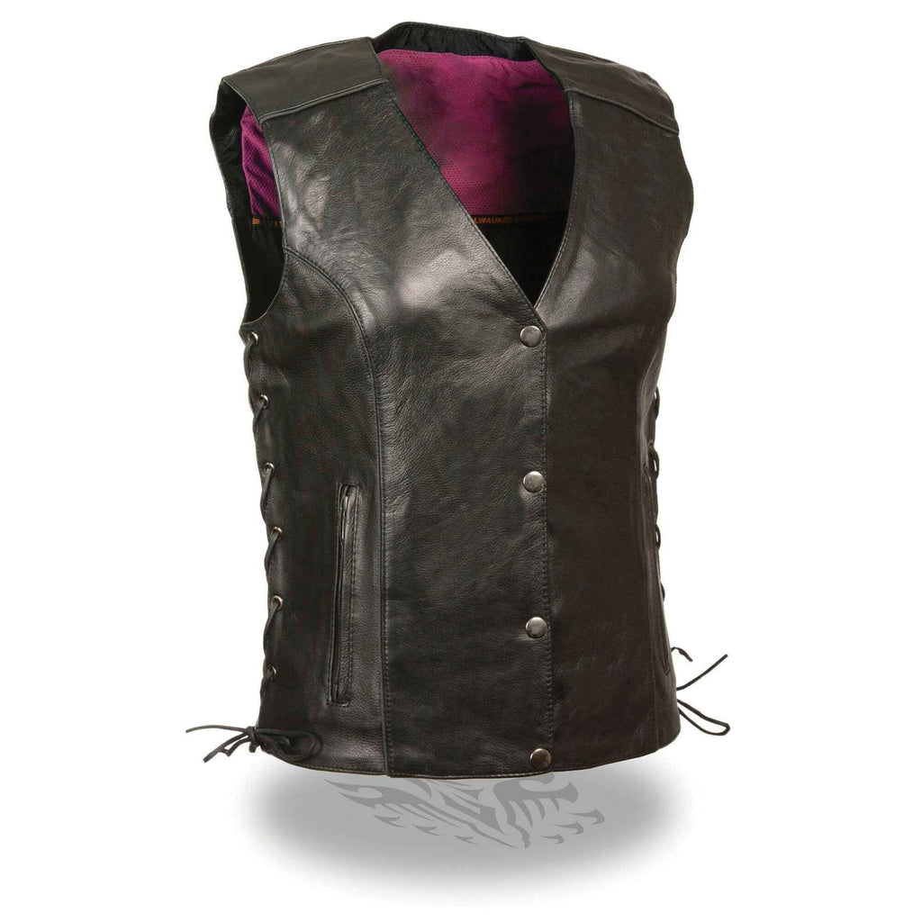 Women's Black Side Laced Motorcycle Leather Vest