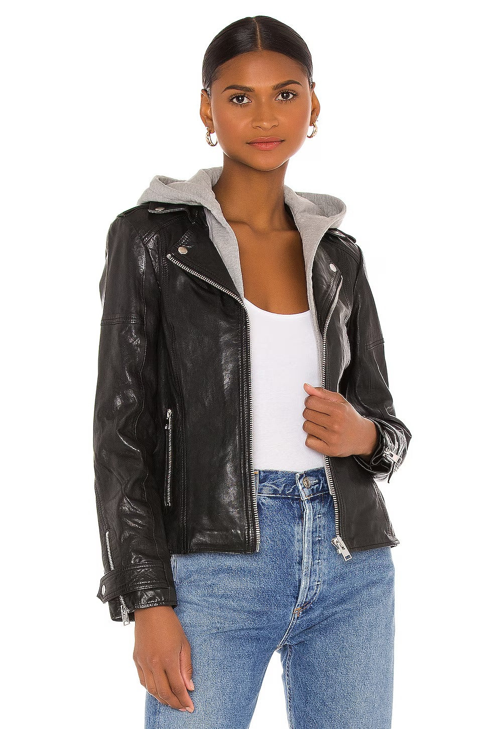 Women's Black Simple Leather Jacket with Detachable Hood