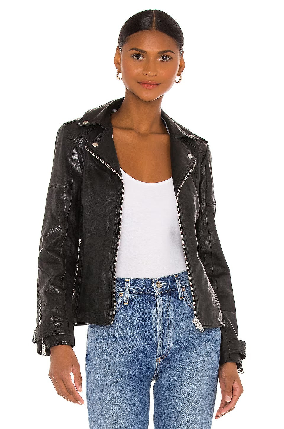 Women's Black Simple Leather Jacket with Detachable Hood
