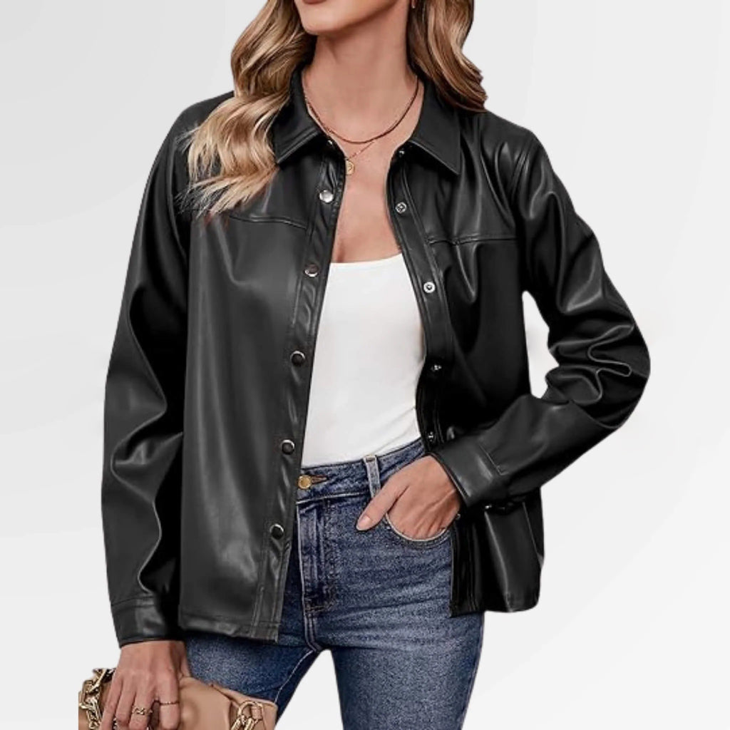 Women's Black Snapped Leather Shirt