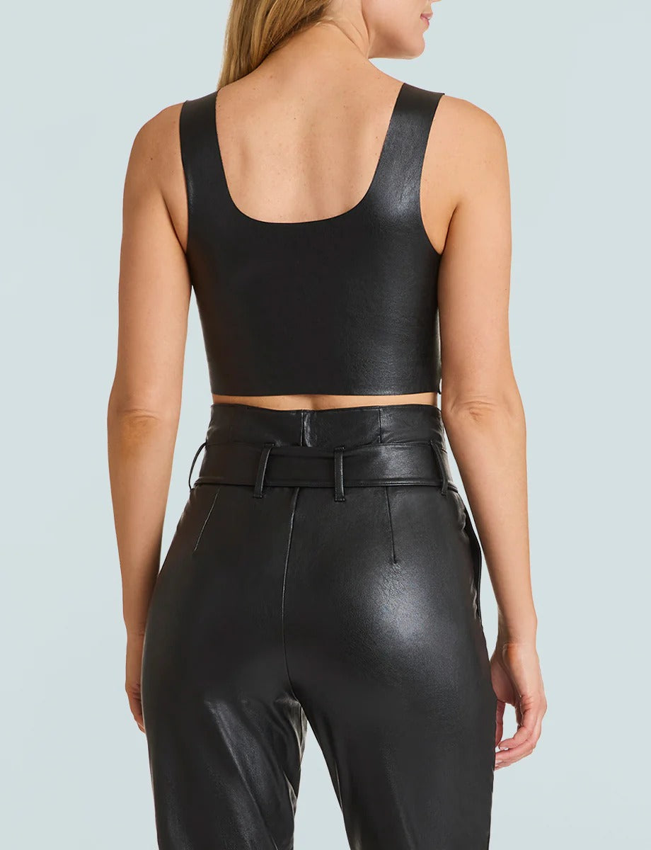 Women's Black Square Neck Faux Leather Crop Top