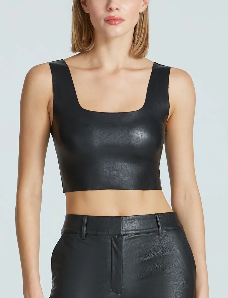 Women's Black Square Neck Faux Leather Crop Top