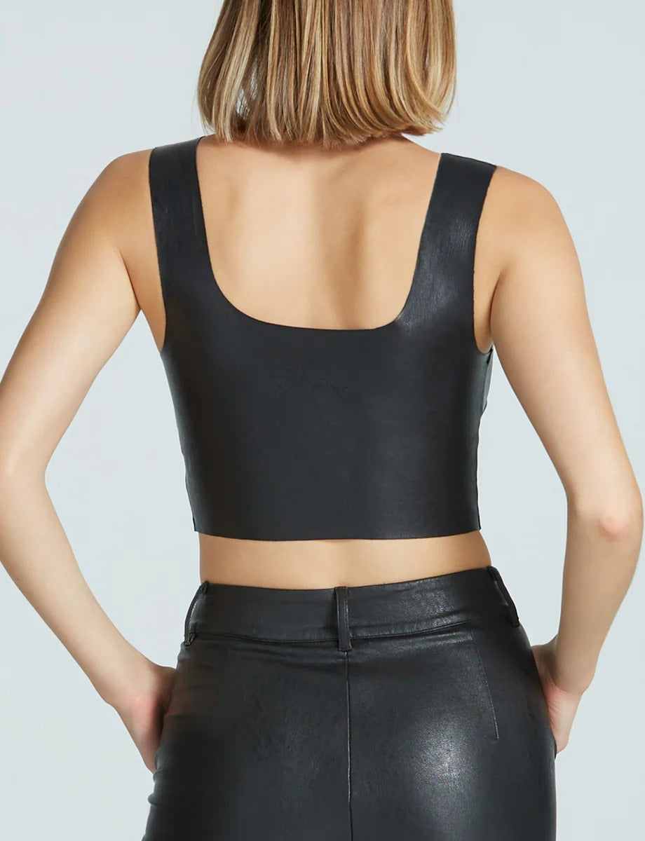 Women's Black Square Neck Faux Leather Crop Top