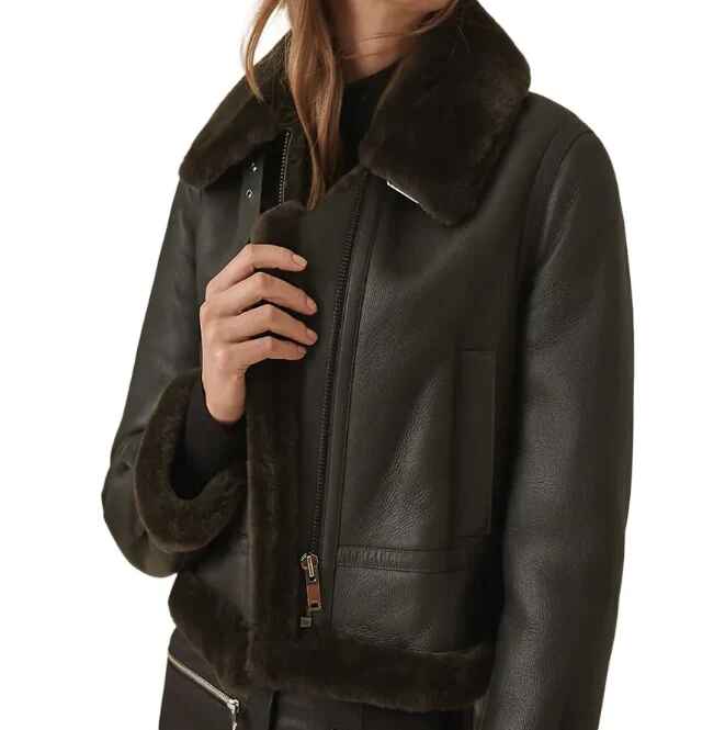 Schwarze Lammfell-Lederjacke mit Riemenkragen für Damen