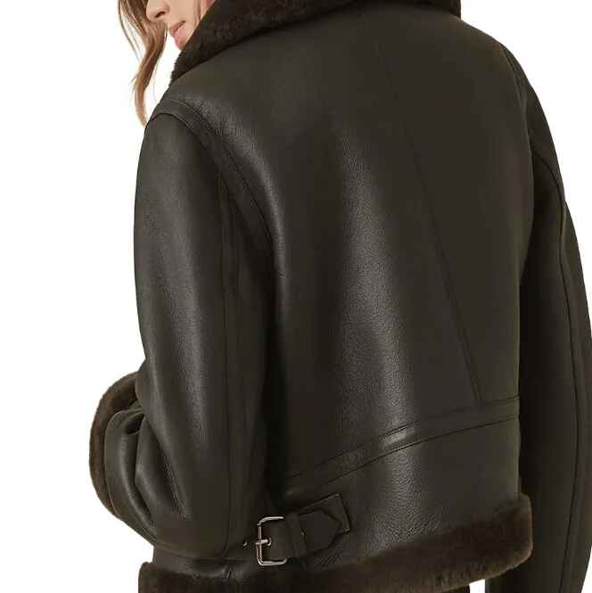 Schwarze Lammfell-Lederjacke mit Riemenkragen für Damen