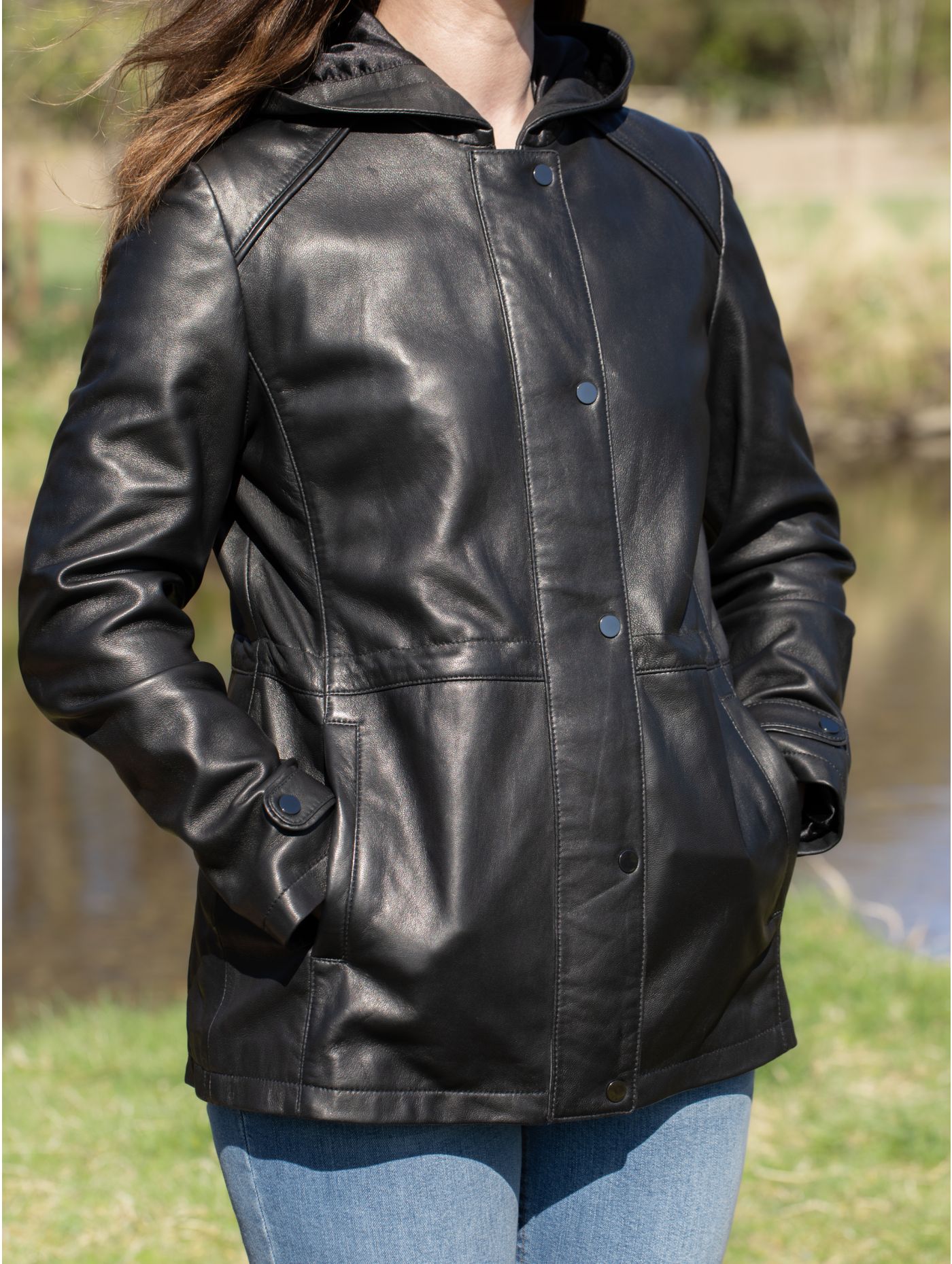 Women's Black Stud Cuffs Hooded Leather Coat
