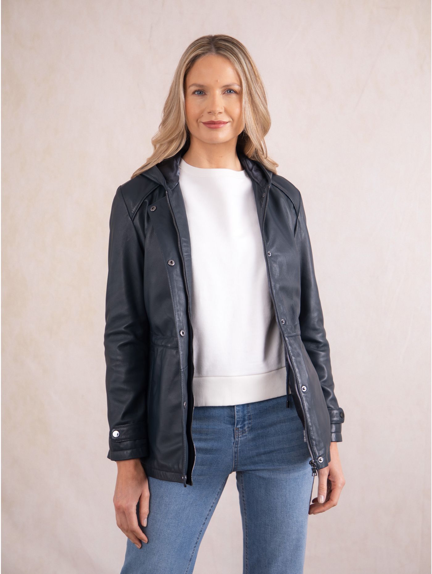 Women's Black Stud Cuffs Hooded Leather Coat