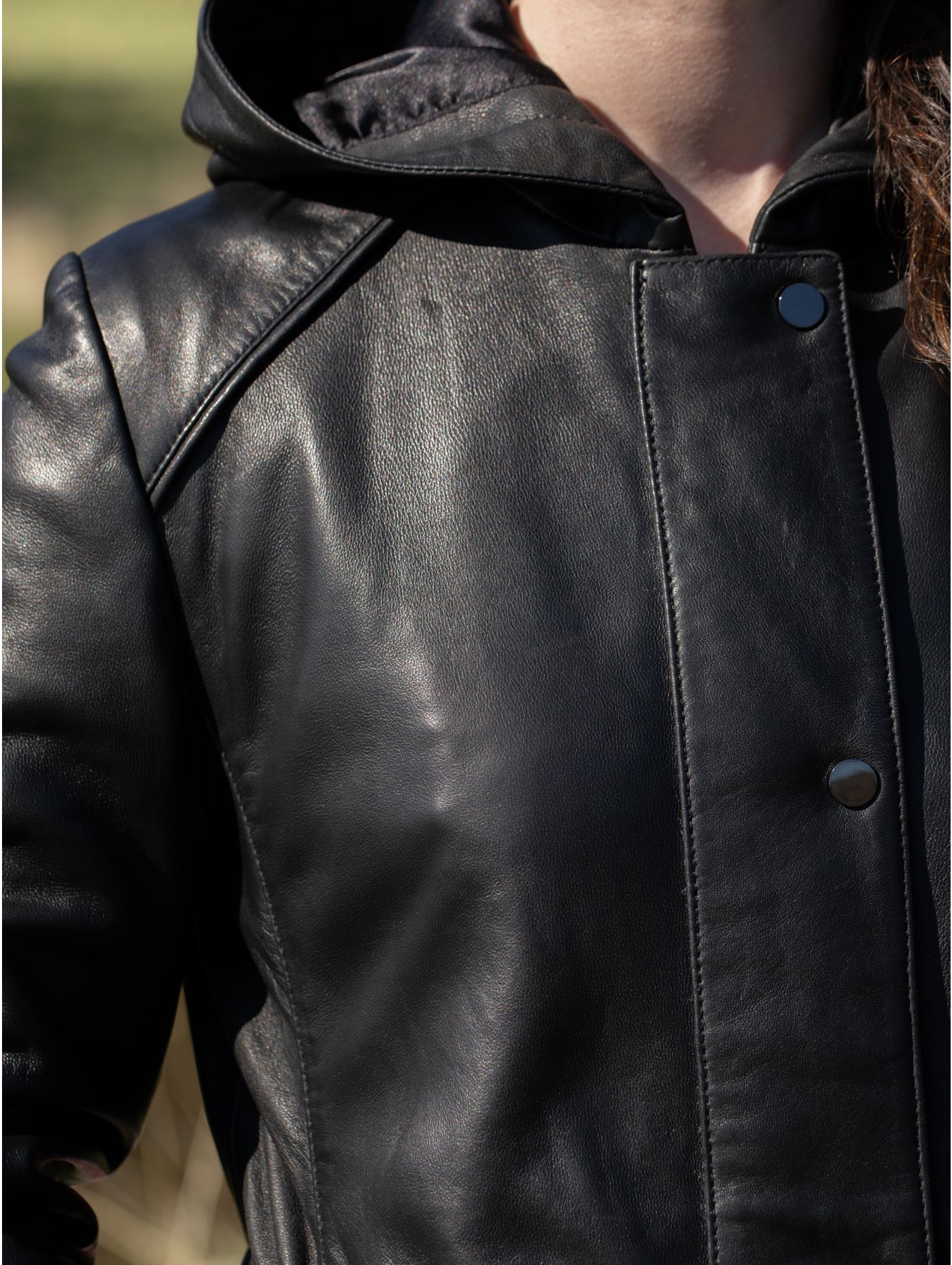 Women's Black Stud Cuffs Hooded Leather Coat
