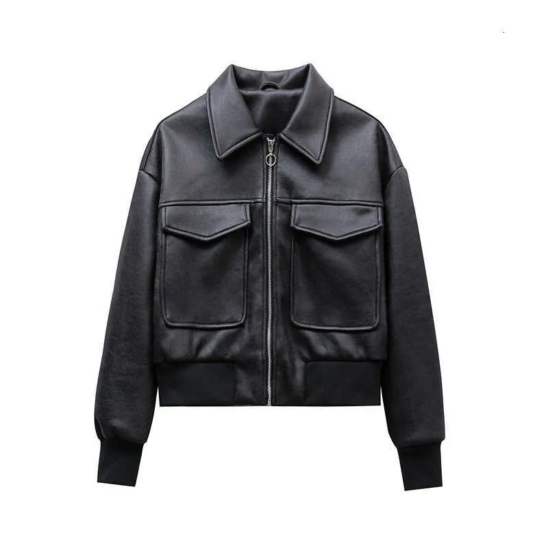 Women's  Black Tailored Fit Faux Leather Bomber Jacket