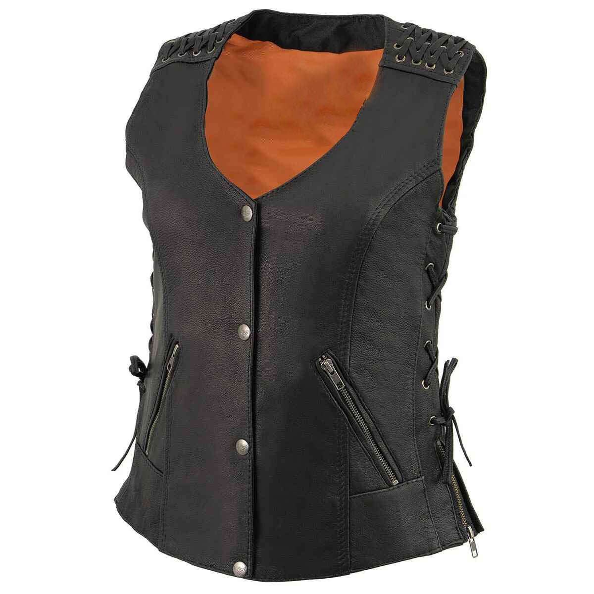 Women's Black V-Neck Leather Vest