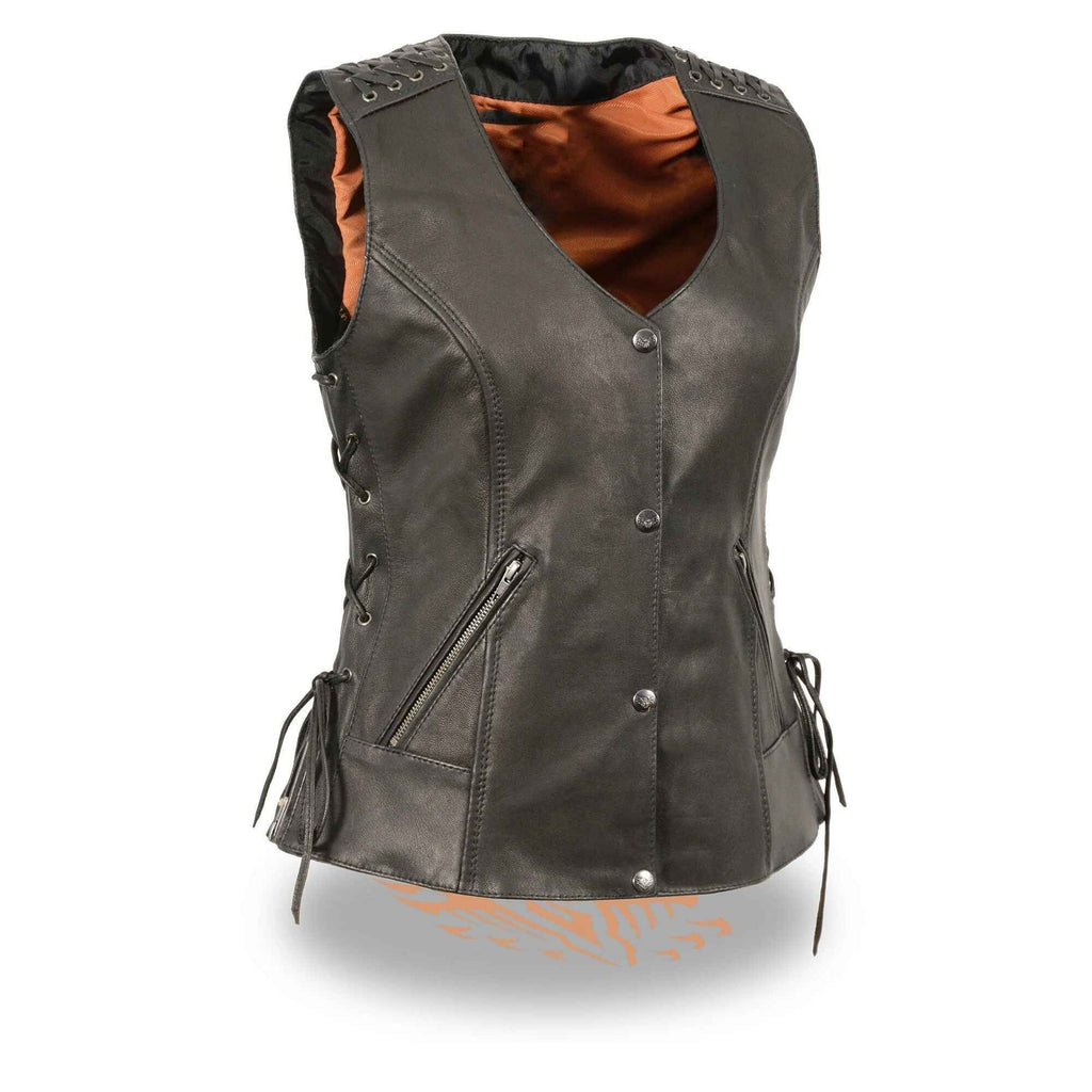 Women's Black V-Neck Leather Vest