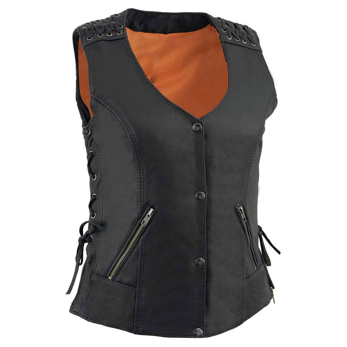 Women's Black V-Neck Leather Vest