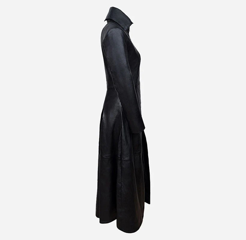 Women's Black Vampire Long Flare Leather Trench Coat