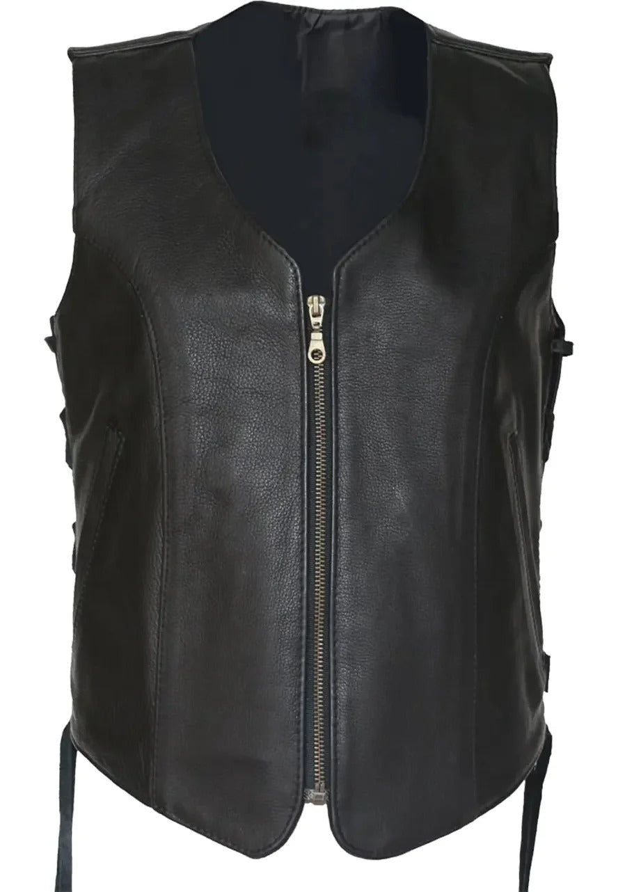 Women's Black Zipped Up Biker Style Leather Vest