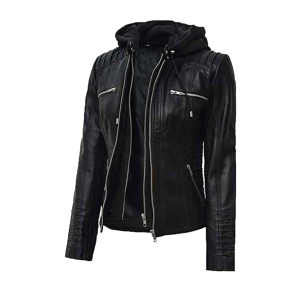 Women's Black & Brown Hooded Leather Jacket