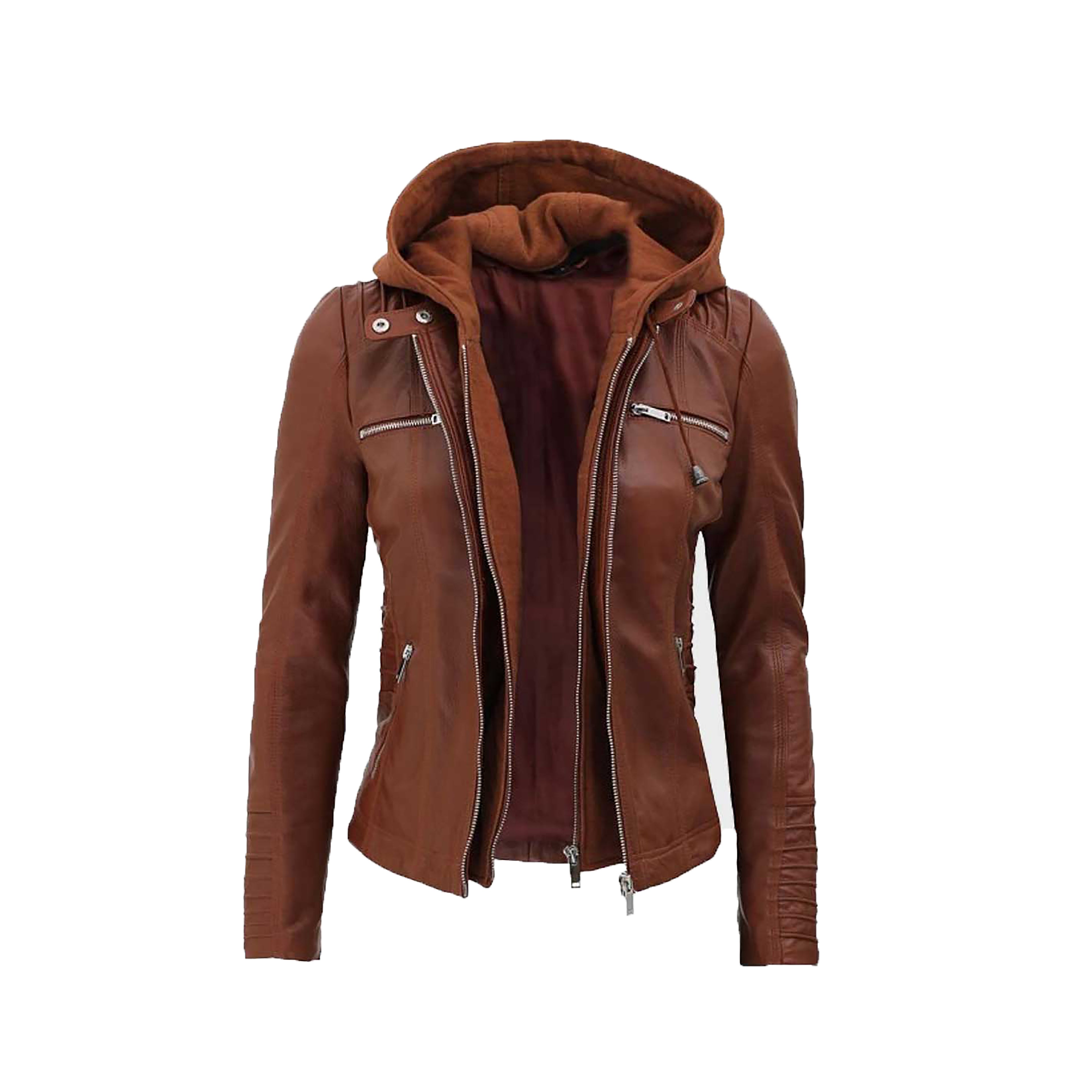 Women's Black & Brown Hooded Leather Jacket