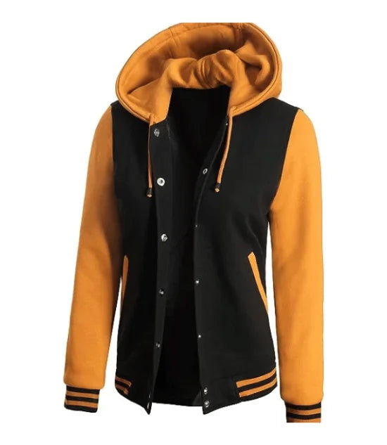 Women's Black & Yellow Hooded Varsity Bomber Jacket - Baseball Style