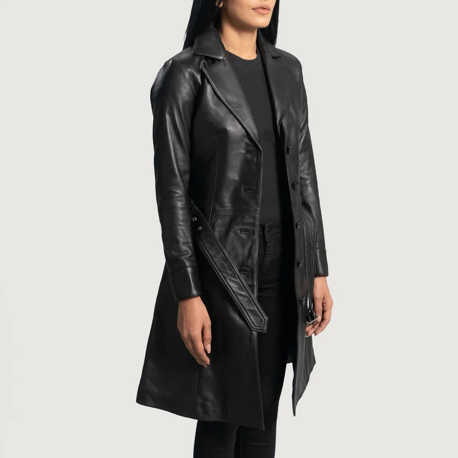 Women's Black leather Buttoned Closure Trench coat