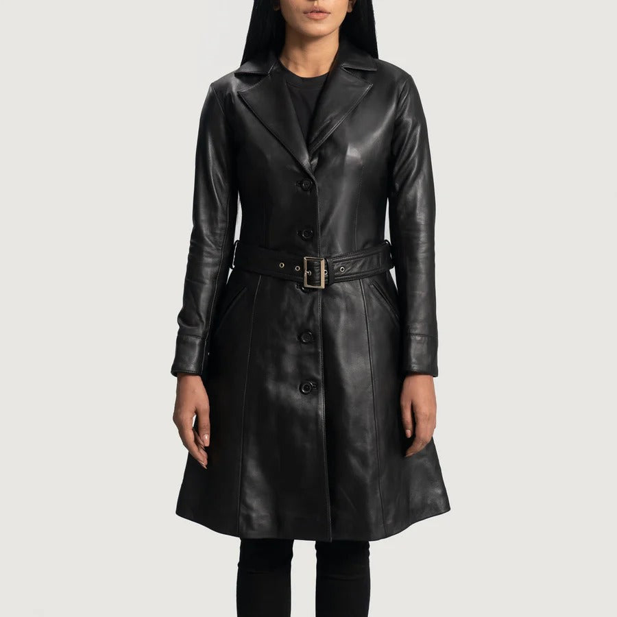 Women's Black leather Buttoned Closure Trench coat