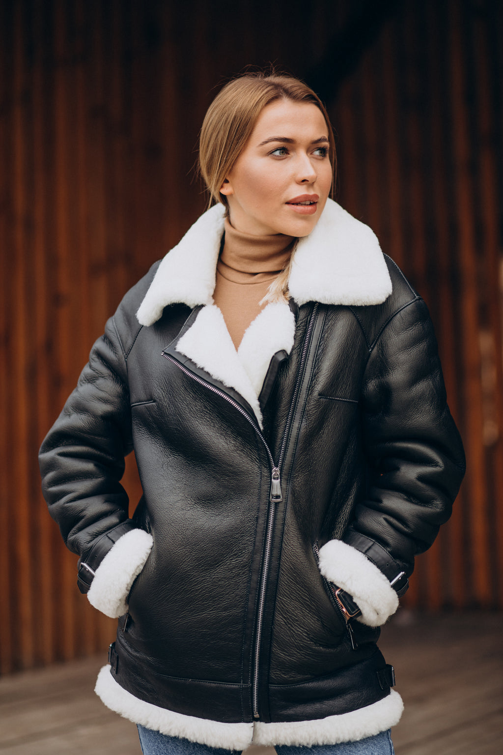 Women’s Black with White Fur Shearling Leather Jacket