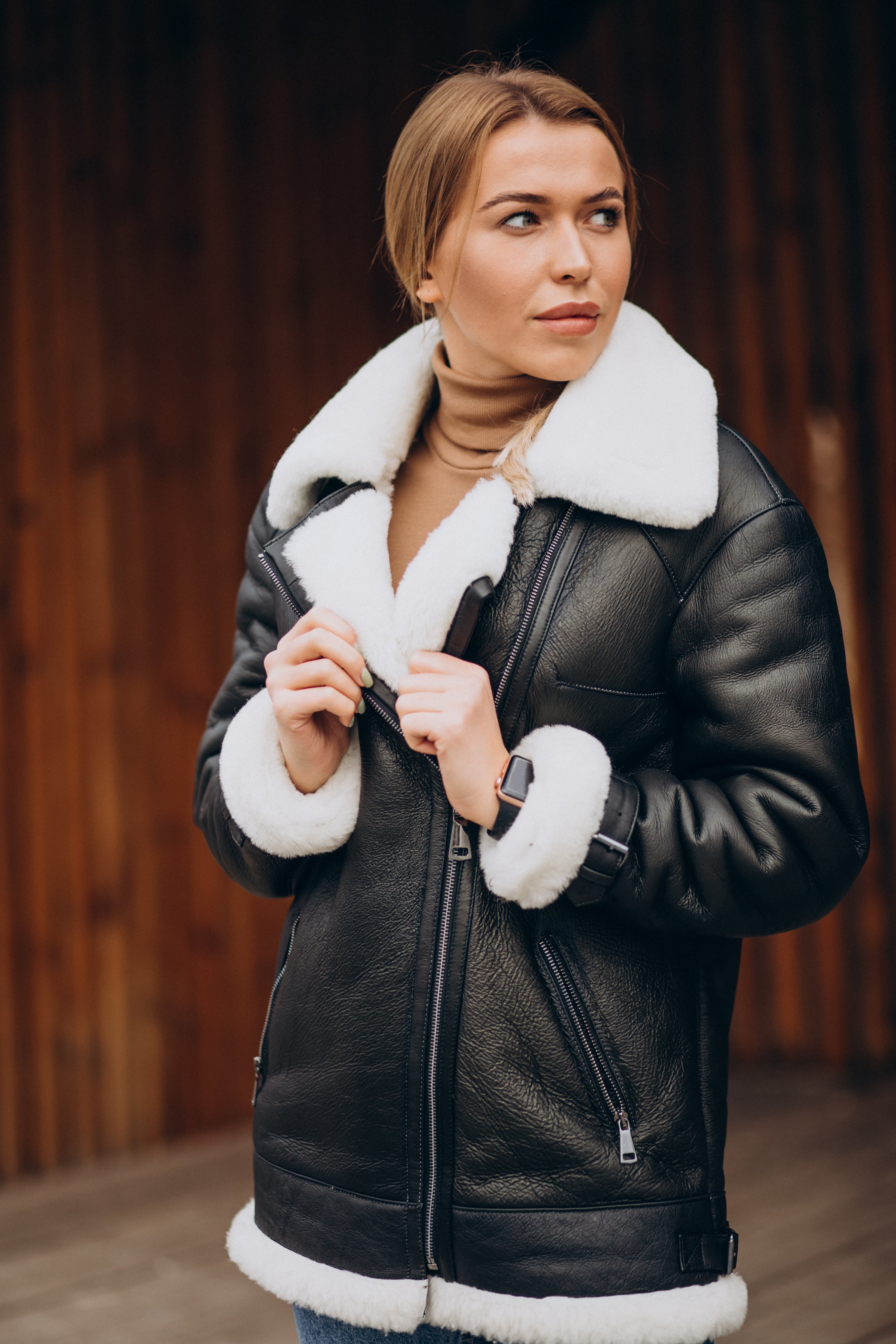 Women’s Black with White Fur Shearling Leather Jacket