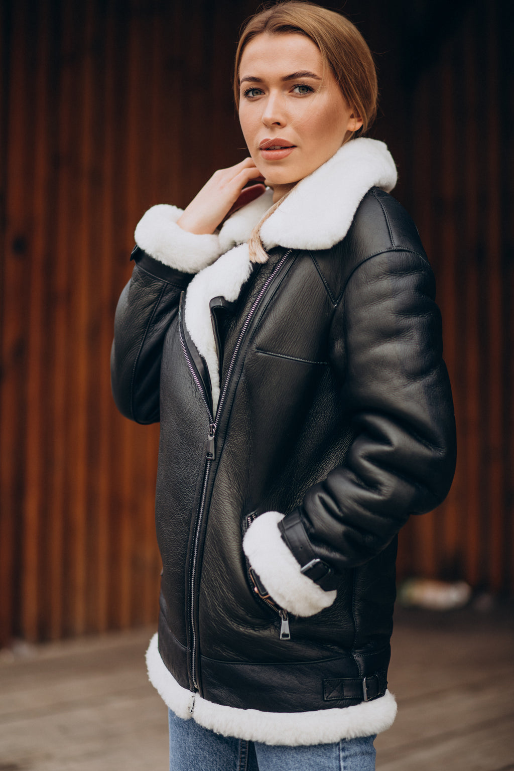 Women’s Black with White Fur Shearling Leather Jacket