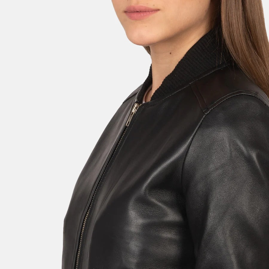 Women's Bliss Black Leather Bomber Jacket