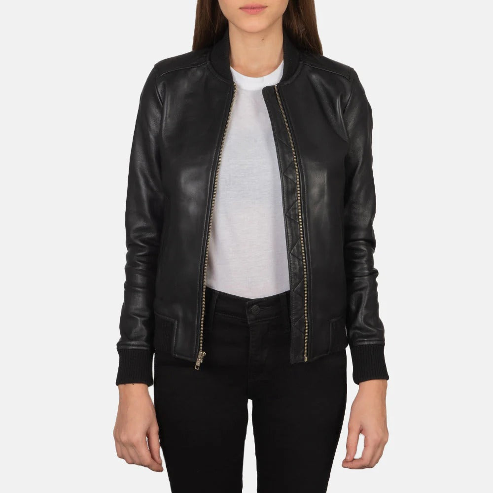 Women's Bliss Black Leather Bomber Jacket