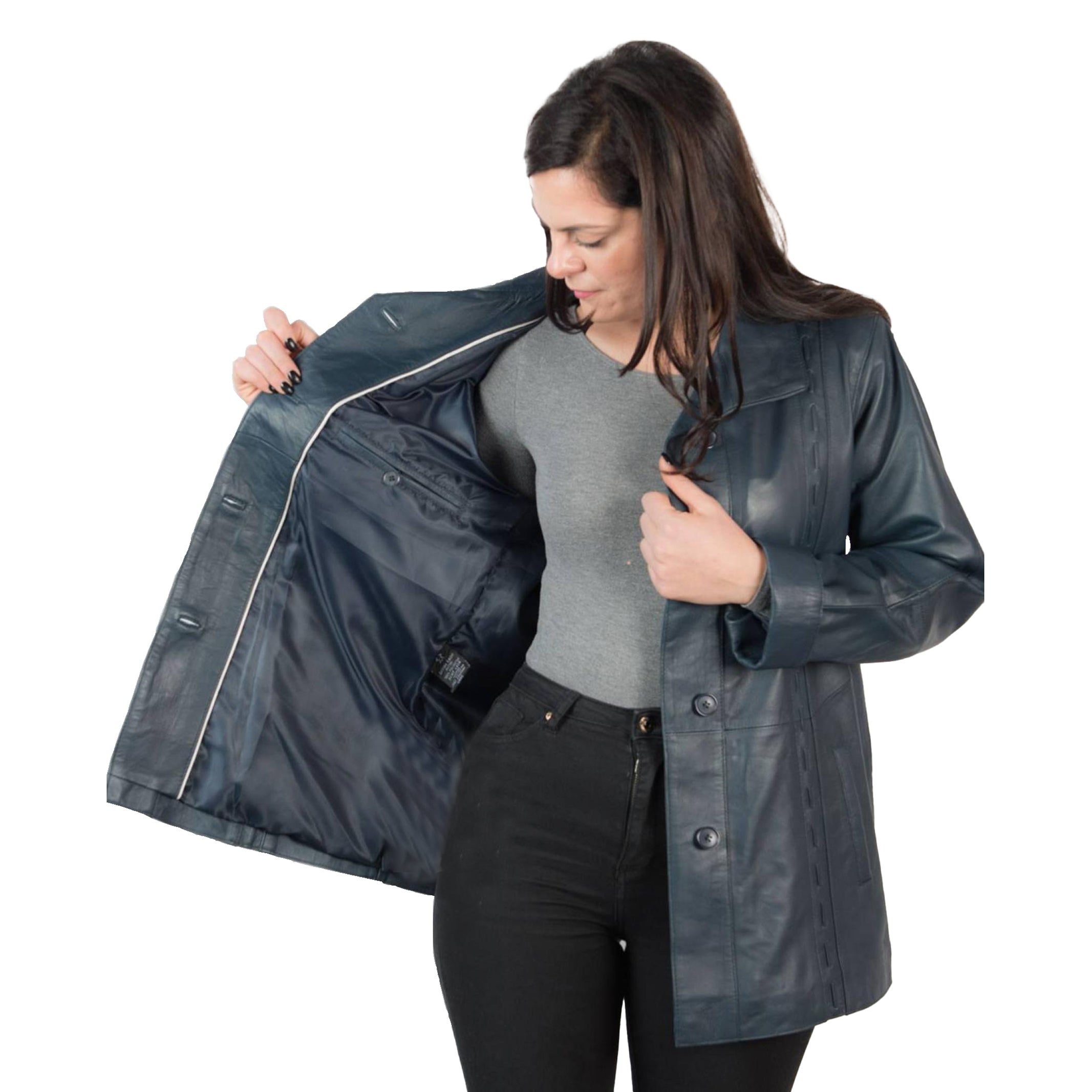 Women's Blue Comfort Fit Leather Coat