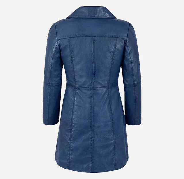 Women's Blue ELEGANT Leather Trench Coat