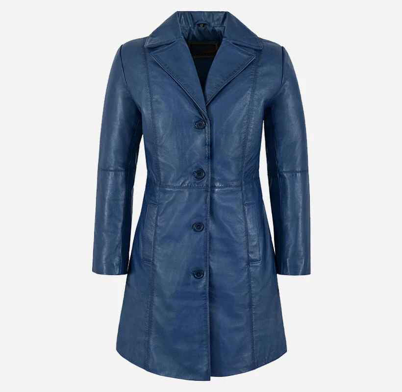 Women's Blue ELEGANT Leather Trench Coat