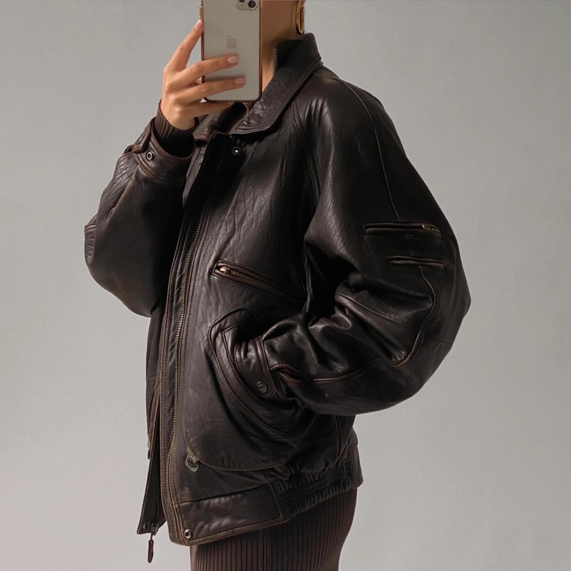 Women's Brown 90s Vintage Oversized Leather Jacket