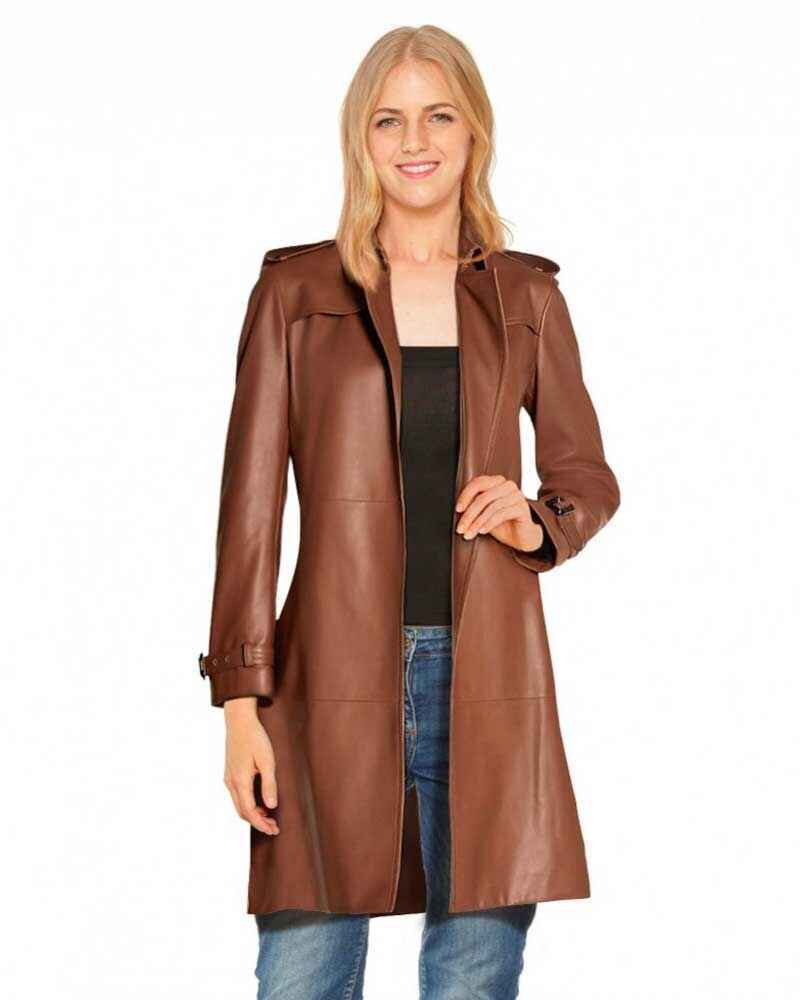 Women's Brown Adjustable Buckle Leather Trench Coat