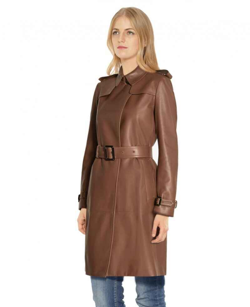 Women's Brown Adjustable Buckle Leather Trench Coat