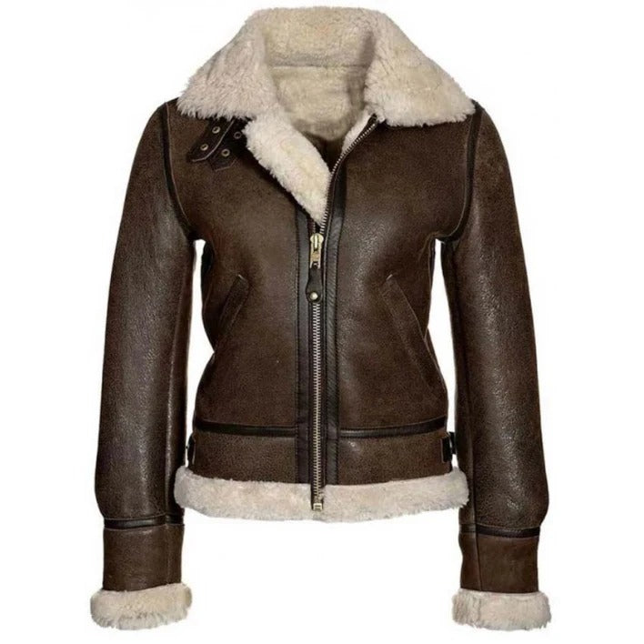 Braune Damen-Aviator-Lederjacke aus Shearling im Used-Look