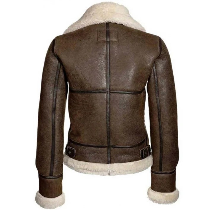 Braune Damen-Aviator-Lederjacke aus Shearling im Used-Look