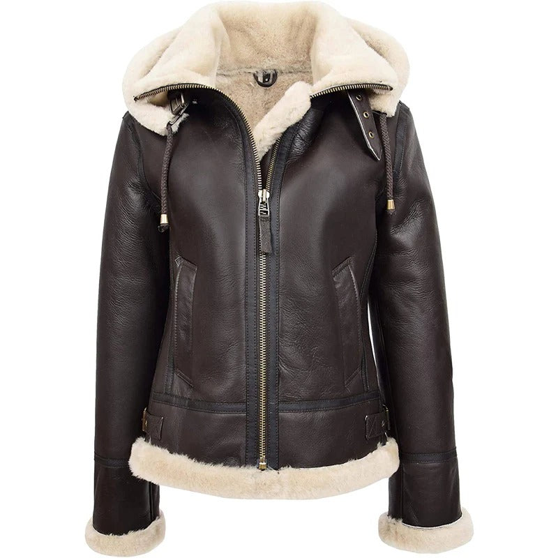 Women's Brown B3 Real Sheepskin Flying Hooded Shearling Leather Jacket