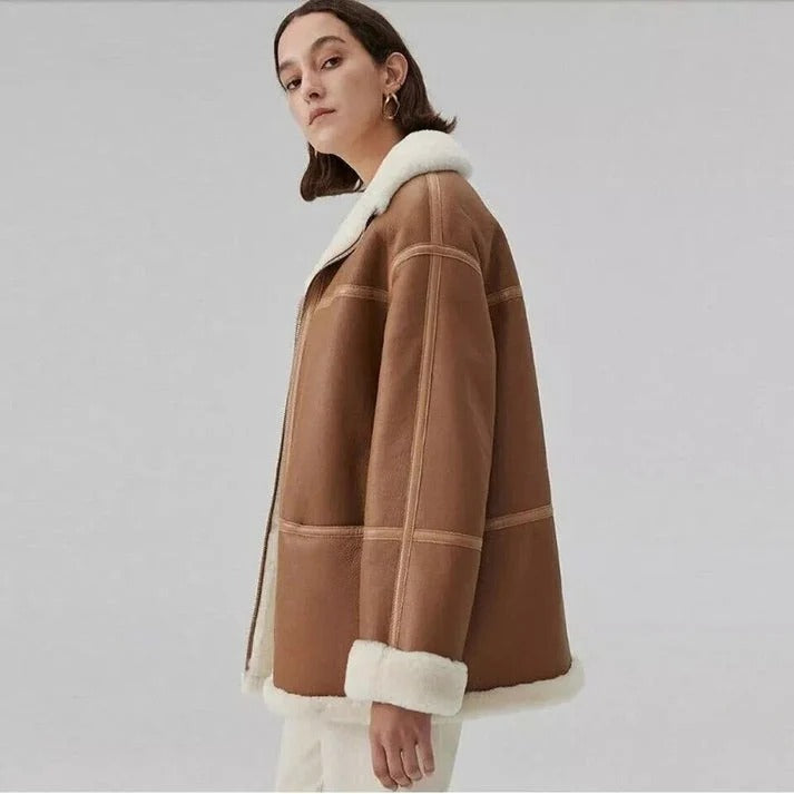 Women's Brown B3 Turned Down Collar Shearling Leather Jacket