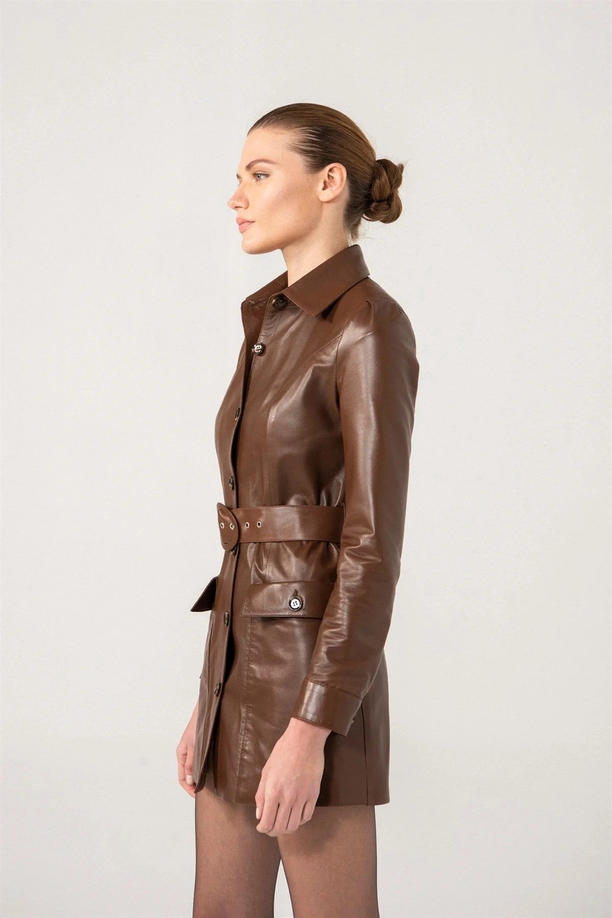 Women’s Brown Belted Closure Leather Trench Coat