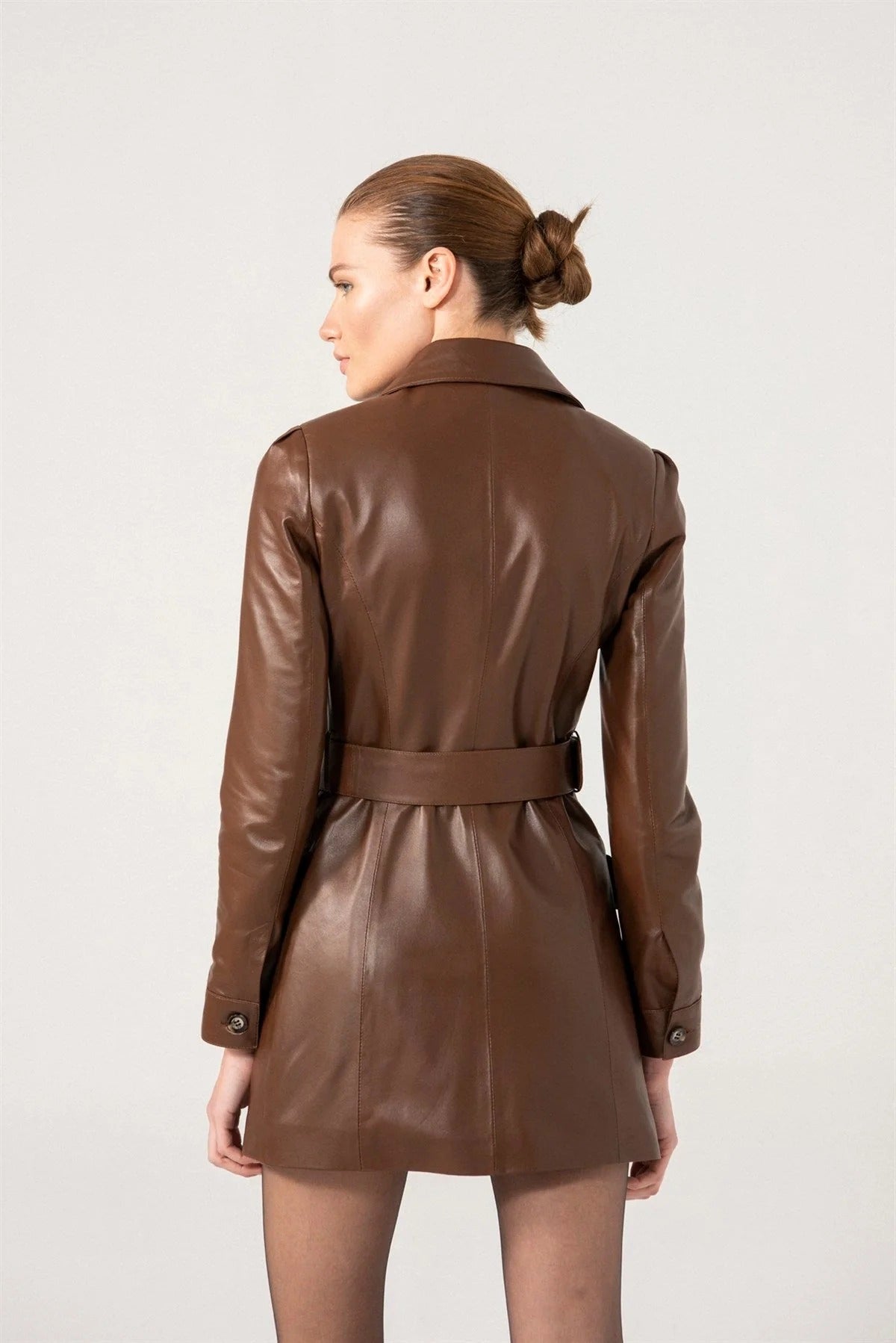 Women’s Brown Belted Closure Leather Trench Coat