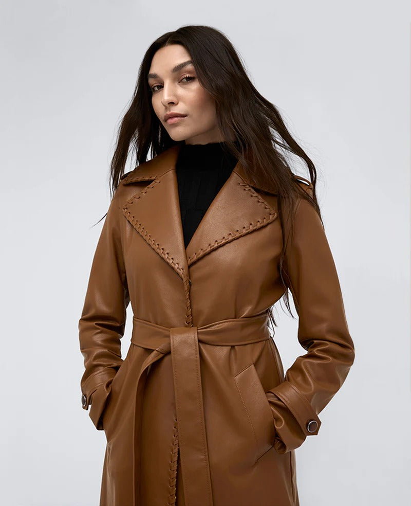 Women's Brown Belted Faux Leather Trench Coat