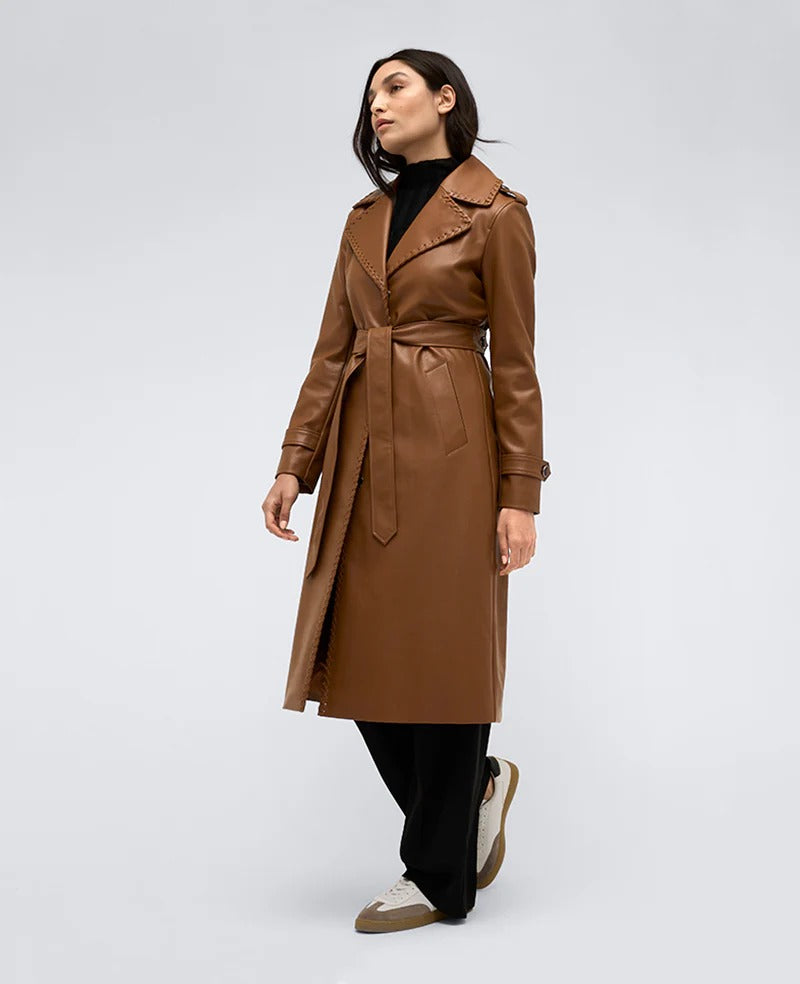 Women's Brown Belted Faux Leather Trench Coat