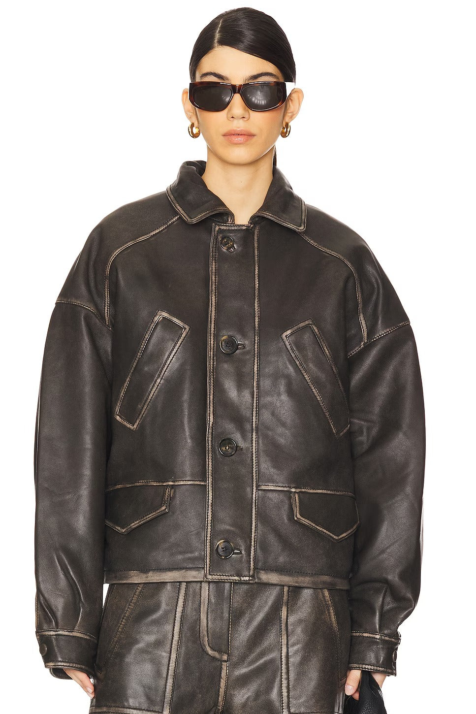 Women's Brown Button Closure Simple Leather Jacket